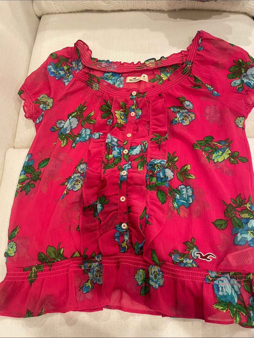 Hollister Bright Pink Floral Button-Front Ruffle Blouse